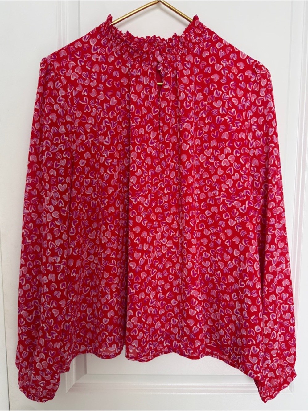 J.Crew Women’s 2X Red Heart Print Blouse Smocked Neck flutter sleeve romantic